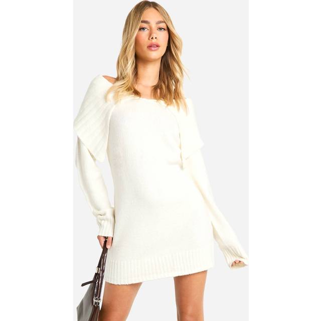 Womens Soft Knit Oversized Collar Off The Shoulder Jumper Dress - Cream - S, Cream
