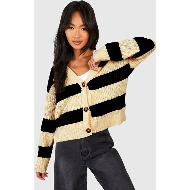 Womens Stripe Fisherman Rib Knit Crop Cardigan - Beige - S