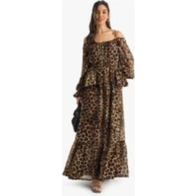 Womens Leopard Chiffon Cold Shoulder Ruffle Maxi Dress - Brown - 10