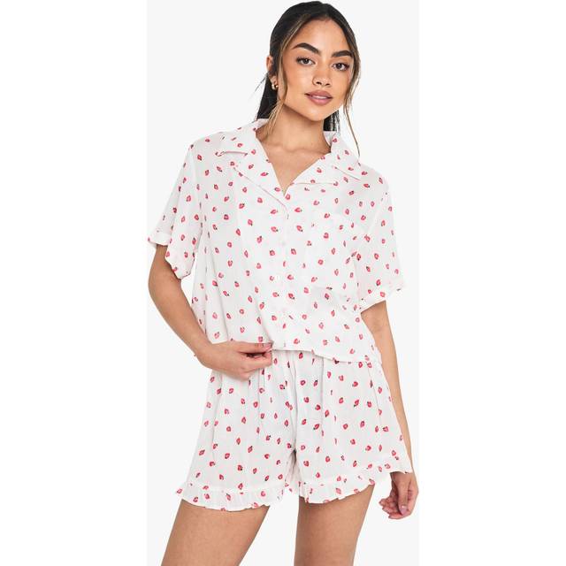 Womens Cheesecloth Strawberry Print Boxy Short Sleeve Shirt & Shorts Pyjama Set - White - 10