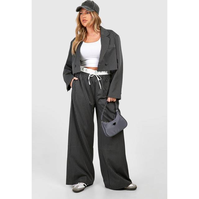 Womens Plus Pinstripe Boxer Waistband Drawstring Wide Leg Trousers - Charcoal - 20