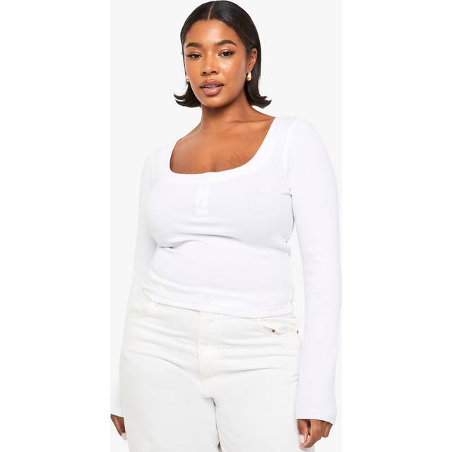 Womens Plus Rib Detail Scoop Neck Long Sleeve Top - White - 22, White