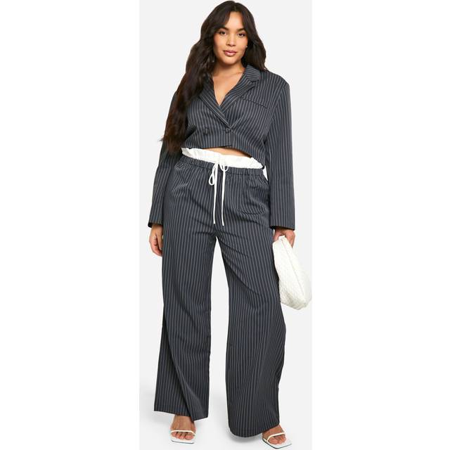 Womens Plus Pinstripe Boxer Waistband Drawstring Wide Leg Trousers - Charcoal - 22