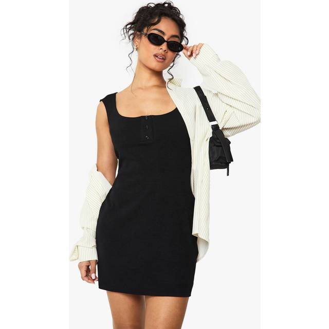 Womens Rib Button Front Cap Sleeve Mini Dress - Black - 12