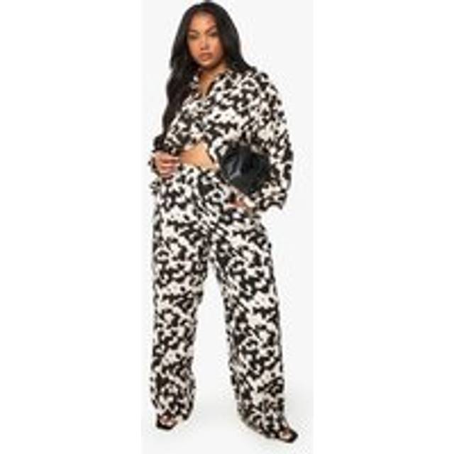 Womens Plus Abstract Elasticated Back Wide Leg Trousers - Brown - 28