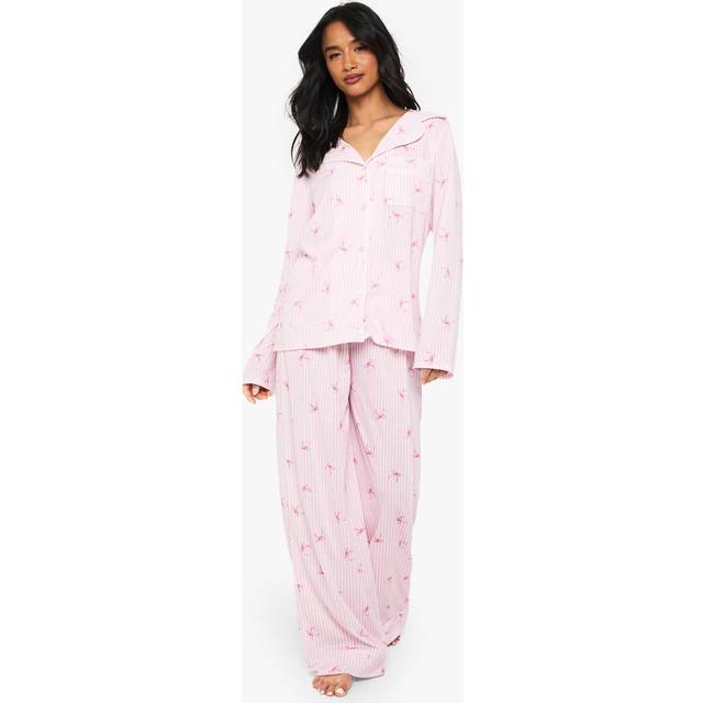 Womens Petite Bow Print Piping Detail Long Sleeve Shirt & Trousers Pyjama Set - Pink - 16