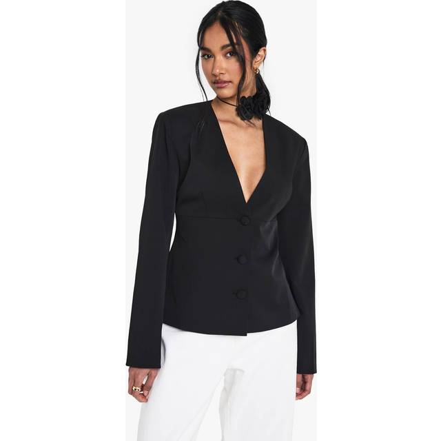 Womens Collarless Plunge Tailored Blazer - Black - 8