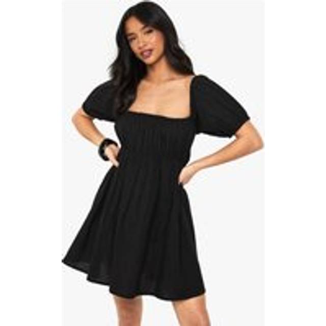 Womens Petite Linen Puff Sleeve Smock Mini Dress - Black - 6