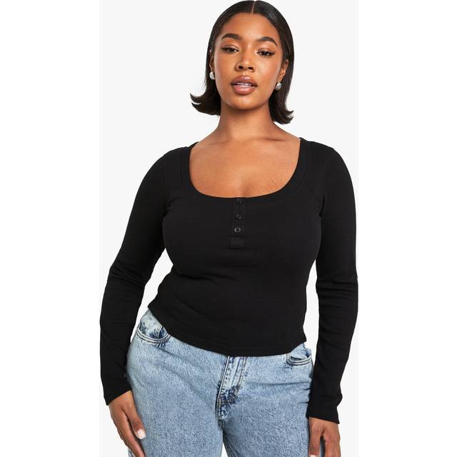 Womens Plus Rib Detail Scoop Neck Long Sleeve Top - Black - 20, Black