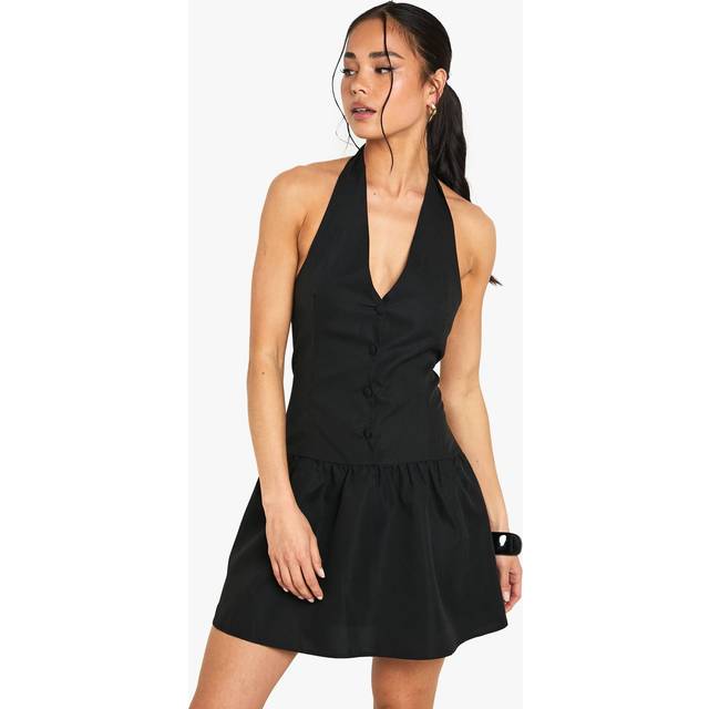 Womens Halterneck Button Down Smock Dress - Black - 8