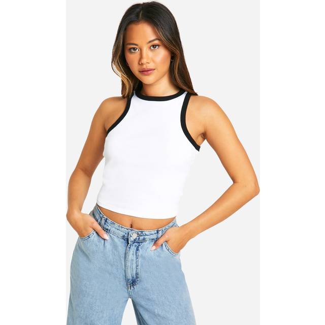Womens Racer Neck Thick Binding Crop Vest - White - 14, White