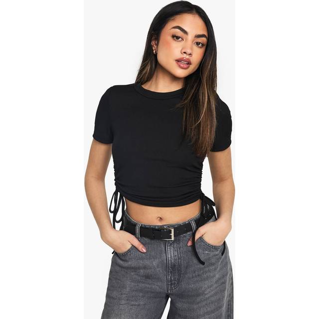 Womens Ribbed Shoulder Pad Ruched Side Baby T-Shirt - Black - S/M, Black