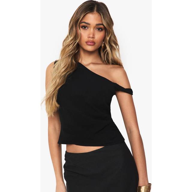Womens Twist Detail Off The Shoulder Linen Look Crop Top - Black - 16