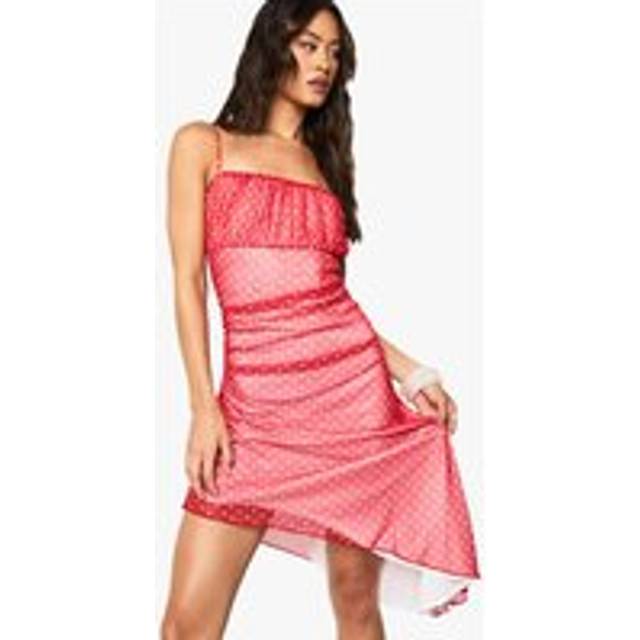 Womens Tall Polka Dot Mesh Asymmetric Hem Mini Dress - Red - 14