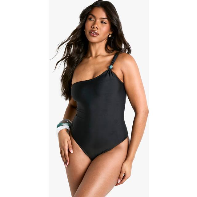 Womens Beaded One Shoulder Swimsuit - Black - 8, Black