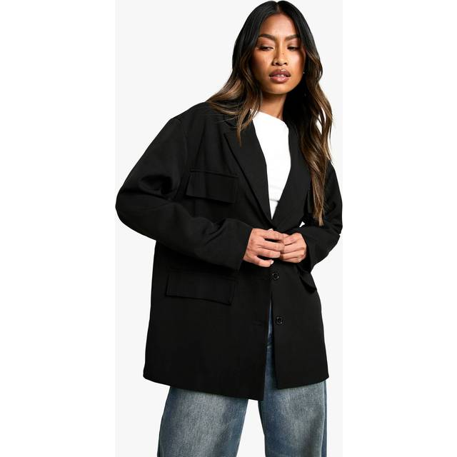Womens Woven Slouchy Oversized Pocket Blazer - Black - 10