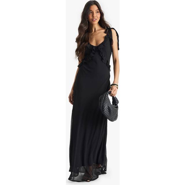 Womens Chiffon Ruffle Maxi Dress - Black - 14