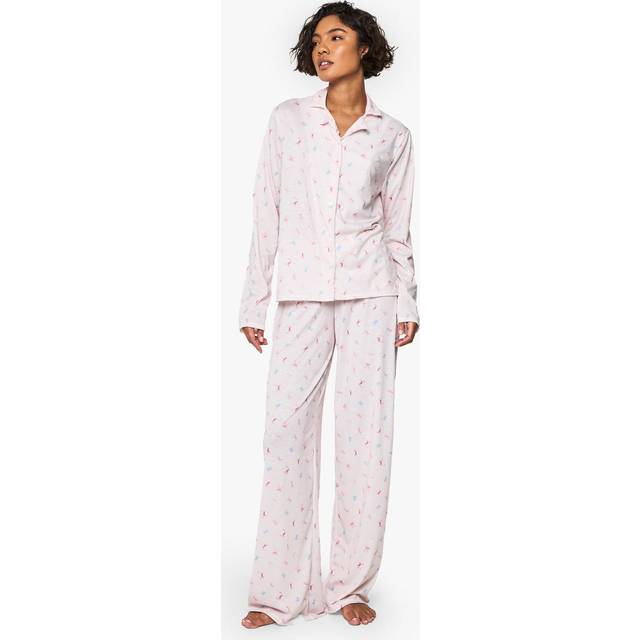 Womens Tall Bow Print Long Sleeve Shirt & Trousers Pyjama Set - Pink - 18