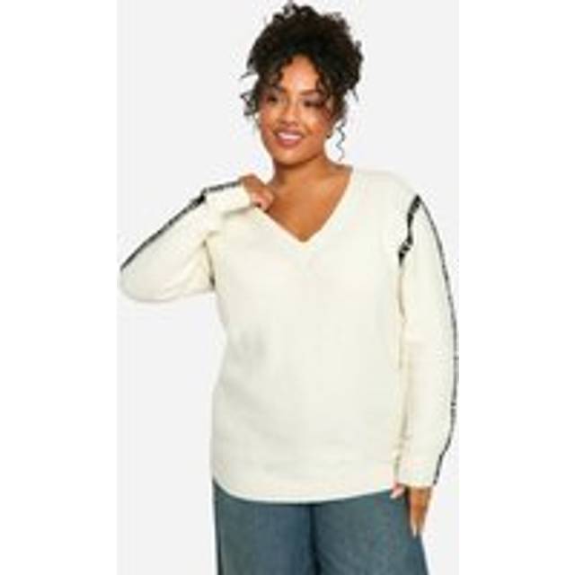 Womens Plus Premium Contrast Trim V Neck Longline Jumper - Cream - 22, Cream