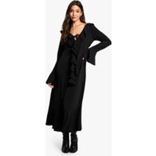 Womens Textured Ruffle Long Sleeve Midaxi Dress - Black - 8