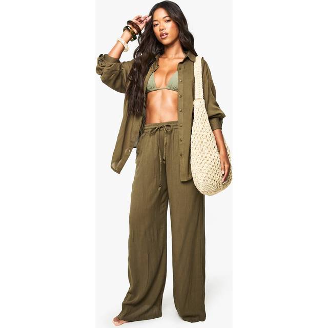 Womens Beachwear Essentials Wide Leg Trousers - Olive - M