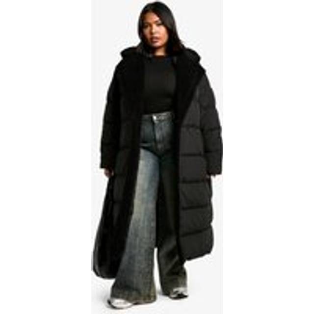Womens Plus Teddy Trim Puffer Coat - Black - 16, Black