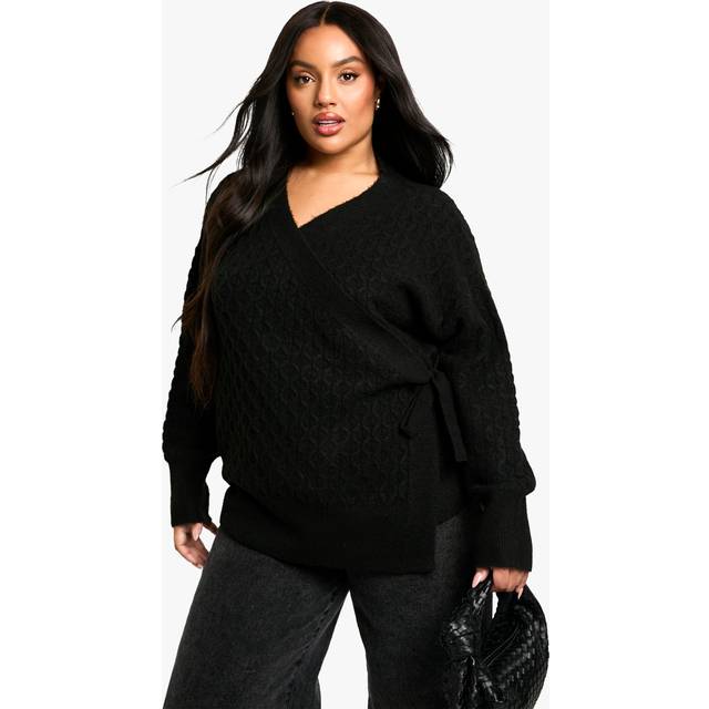Womens Plus Soft Cable Knitted Wrap Cardigan - Black - 26