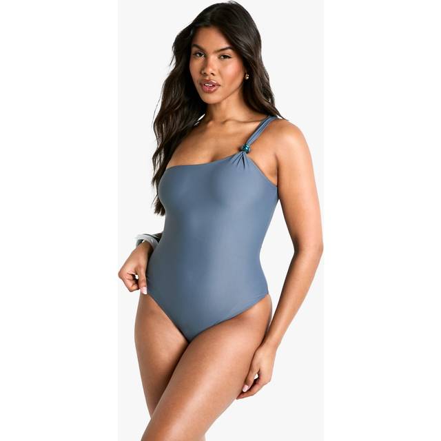 Womens Beaded One Shoulder Swimsuit - Slate - 8