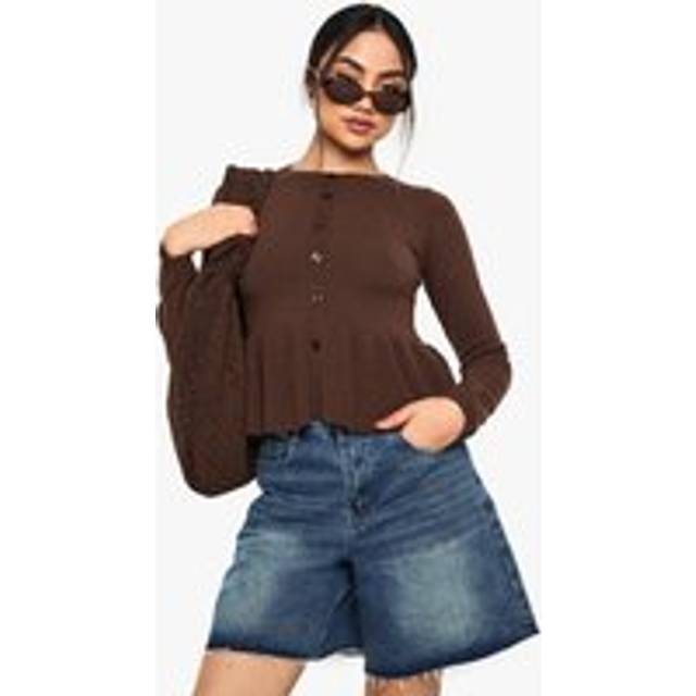 Womens Cinched Waist Peplum Knitted Cardigan - Brown - Xs, Brown