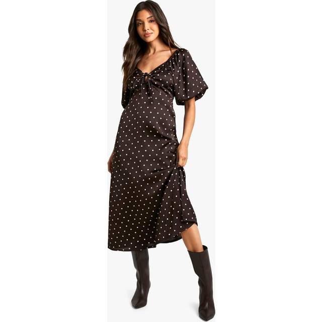 Womens Polka Dot Satin Puff Sleeve Midaxi Dress - Brown - 8