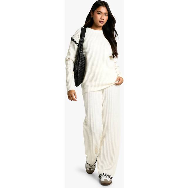 Womens Premium Heavyweight Contrast Trim Jumper And Trouser Knitted Set - Cream - S, Cream