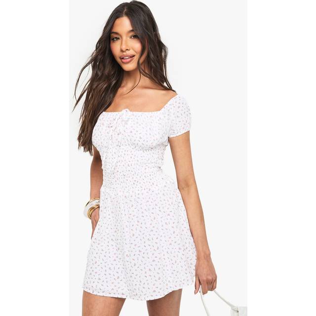 Womens Ditsy Floral Shirred Skater Dress - White - 12, White