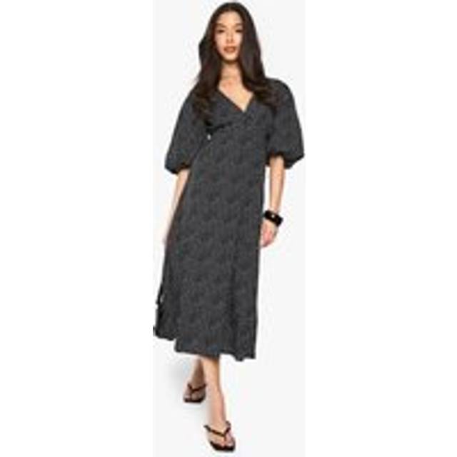 Womens Polka Dot Puff Sleeve Tie Back Midi Dress - Black - 18
