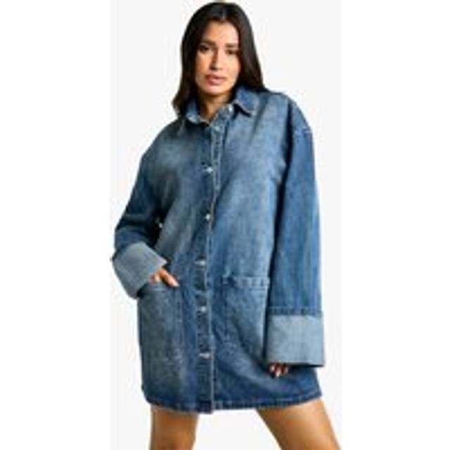 Womens Tall Utility Turn Cuff Denim Oversized Shirt Dress - Blue - 10