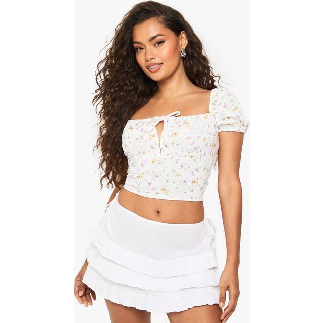 Womens Ditsy Print Jersey Tie Front Milkamid Top - White - 8, White