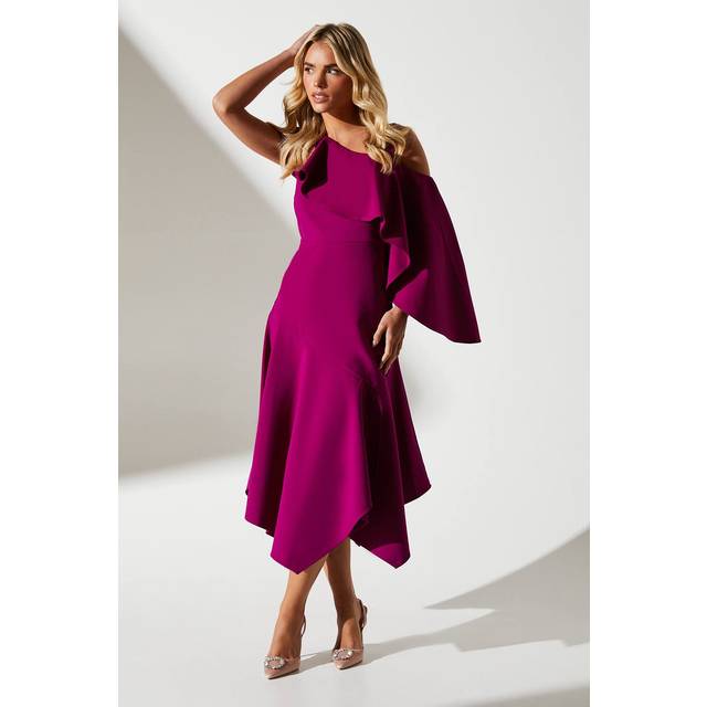 Petite One Shoulder Ruffle Crepe Midi Wedding Guest Dress - Red - 16