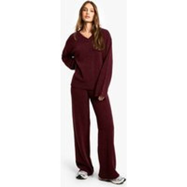Womens Soft Knit V Neck Jumper and Wide Leg Knitted Co-Ord - Red - S