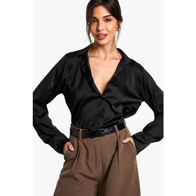 Womens Satin V-neck Button Up Shirt - Black - 6