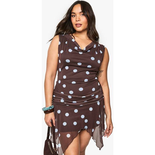 Womens Plus Polka Dot Hanky Hem Mini Dress - Brown - 20