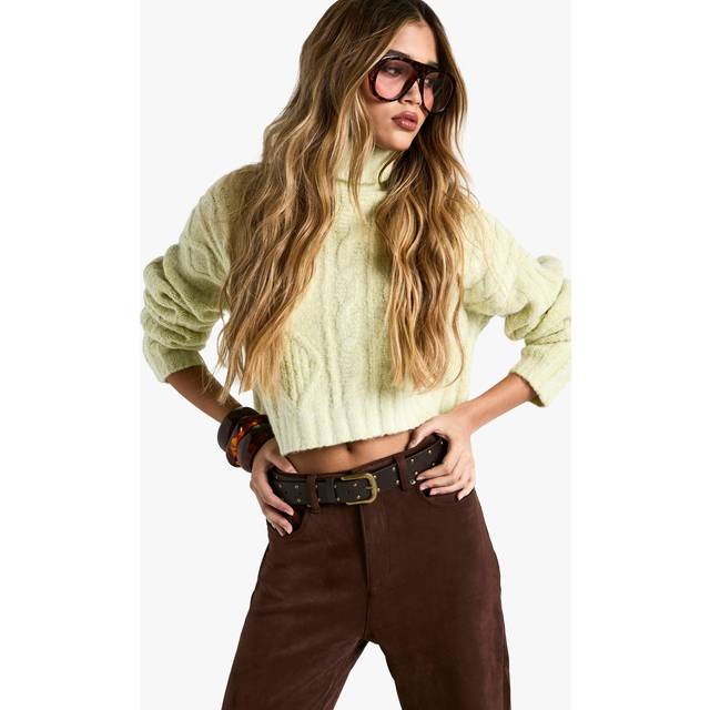 Womens Cable Roll Neck Knit Jumper - Green - L