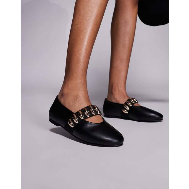 Public Desire Women's Black Harmonica Faux Leather Studded Strap Flats New Look - UK 5