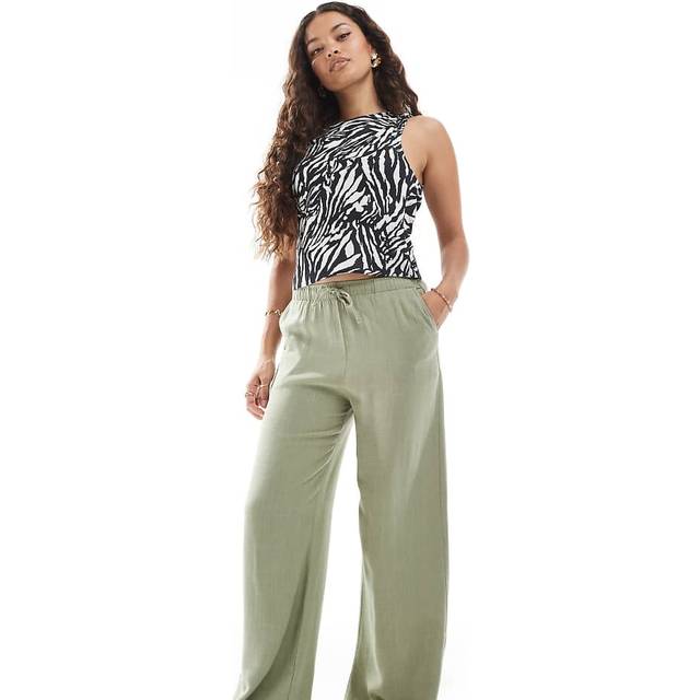 Stradivarius Flowing linen blend trousers Khaki XS