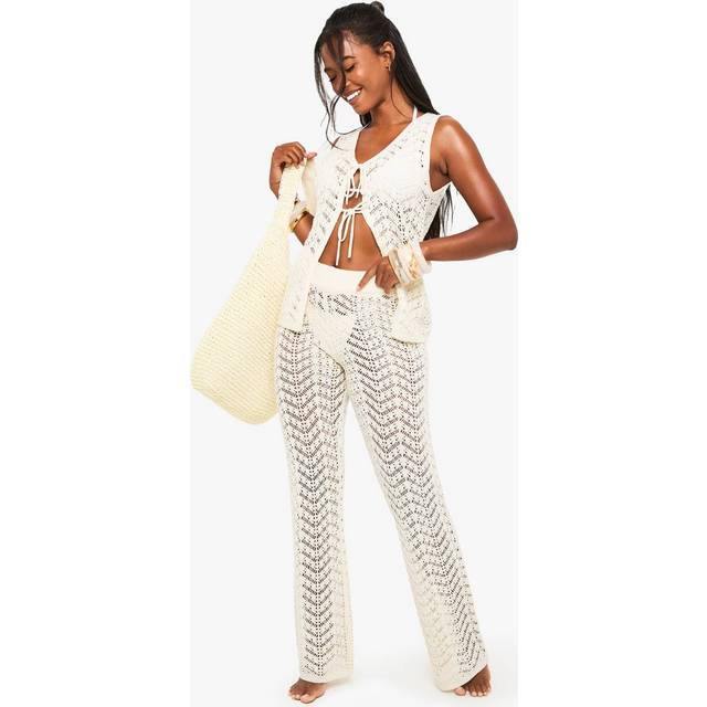 Womens Crochet Wide Leg Trouser - White - L, White