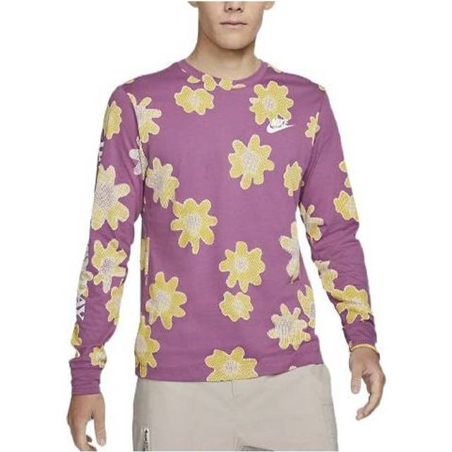 Men's Nike SS22 Flowers Logo Printing Round Neck Long Sleeves Wine Red T-Shirt DM6336-507 - Default Color