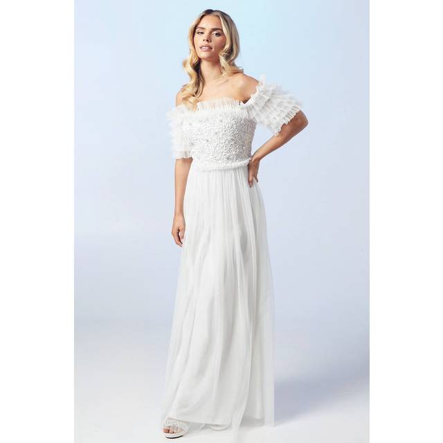 Petite Bardot Mesh And Sequin Ruffle Wedding Dress - Ivory - 14