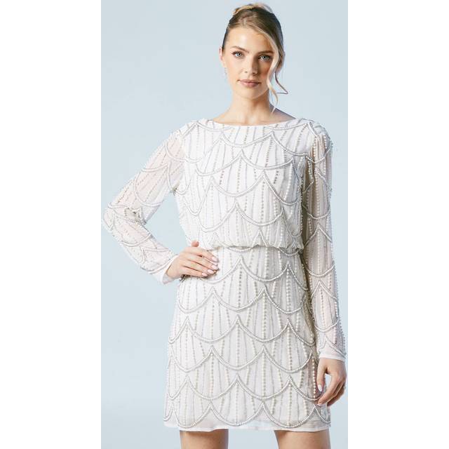 Premium Scallop Detail Batwing Bridal Mini Dress - Ivory - 12