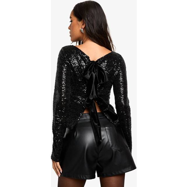 Womens Sequin Bow Tie Back Top - Black - 6, Black