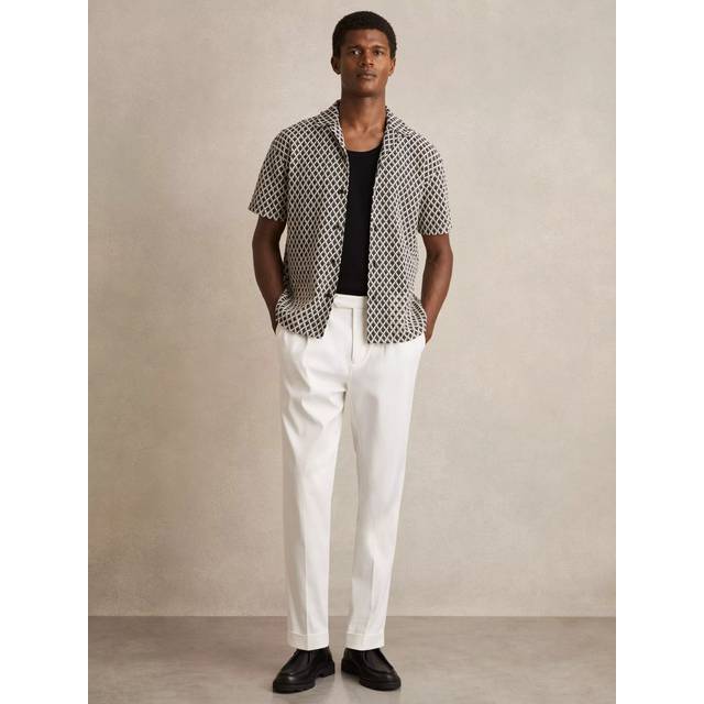 Reiss Sterling Short Sleeve Cuban Collar Geometric Crochet Shirt, Navy/White