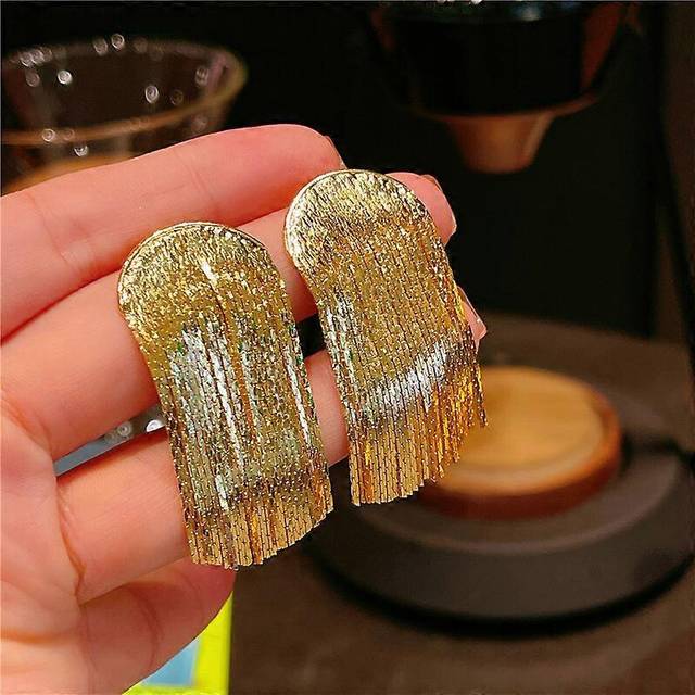 (As show, One size) European and American 24K real gold high-grade curved boneless tassel earrings fashion niche design sense celebrity ear jewelry(go