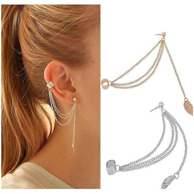(As show, One size) Suuyar 2 Pairs Girl Stylish Punk Rock Alloy Leaf Iron Chain Tassel Dangle Ear Cuff Warp Earring Silver And Golden Earrings (Leaf)